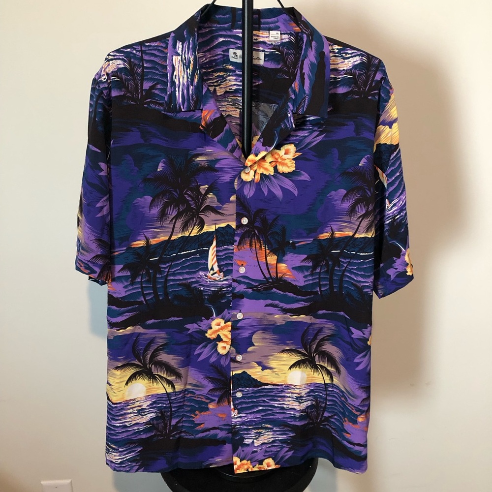 Men's Purple Tropical Camp-Collar Button-Down Shirt